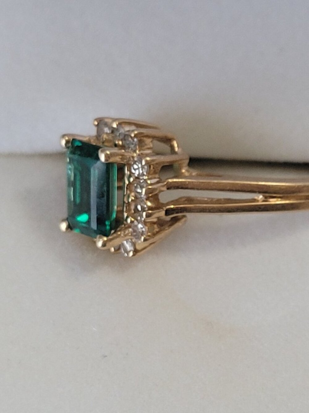 Emerald Diamond 14k Gold Vintage Ring Chatham 14 Diamonds 1980's May Birthstone - Picture 6 of 15